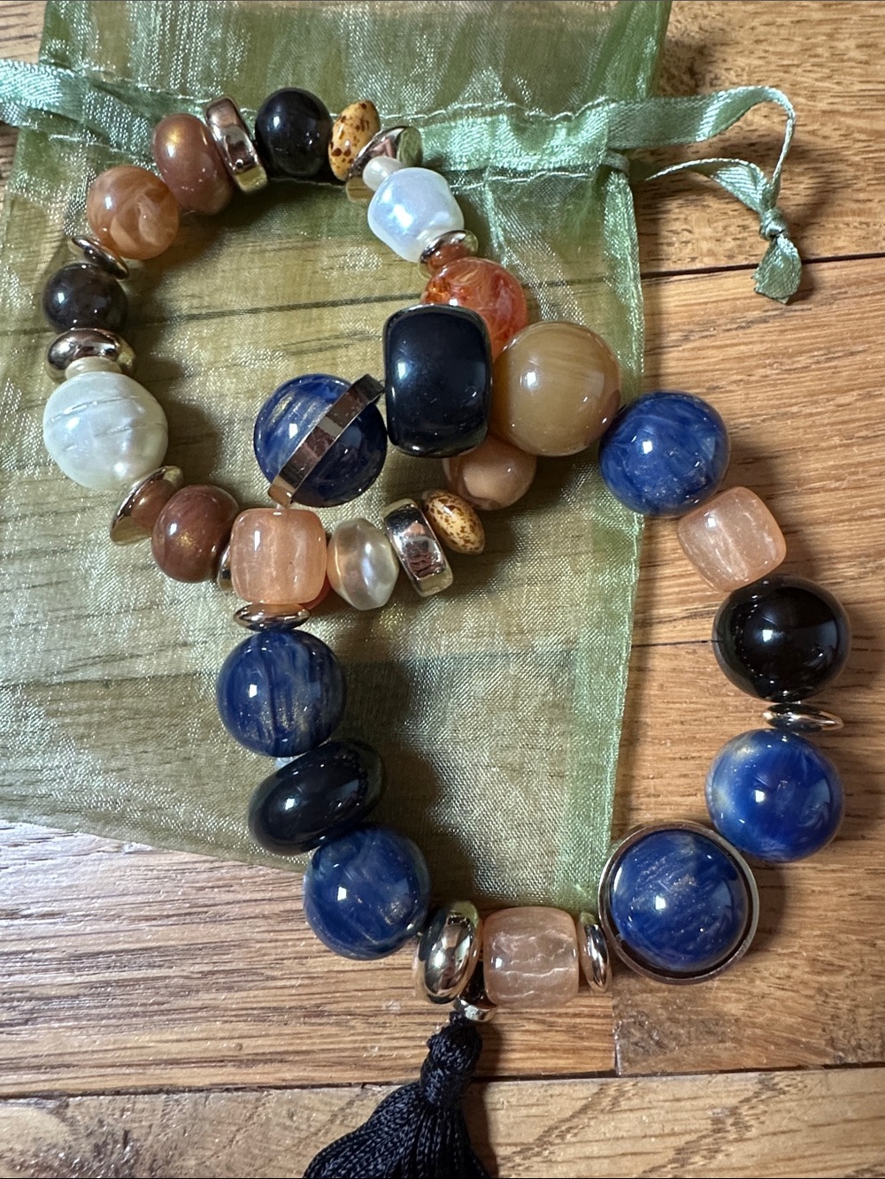 Set of 2 Large Blue and Brown Beaded Tassel Bracelet Set